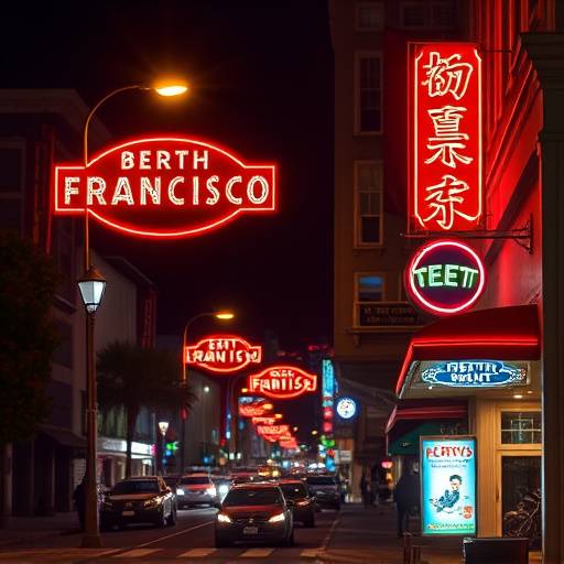 A lively street scene in North Beach, San Francisco, at night