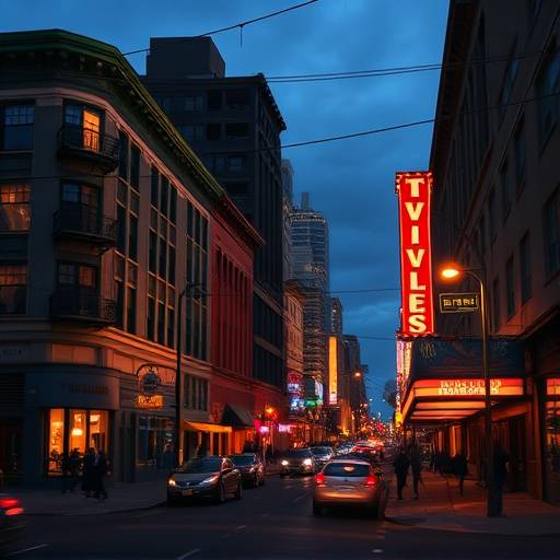 A street scene in the Tenderloin district at twilight