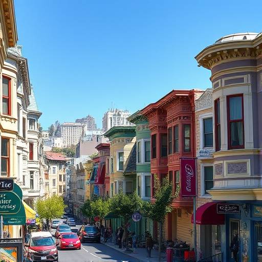 Colorful buildings and pedestrian traffic in Haight-Ashbury, San Francisco