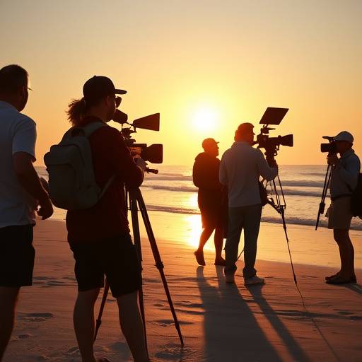 Film crew working on a beach at sunset