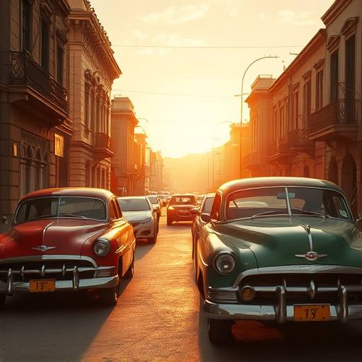 Historic architecture and vintage cars on a film set