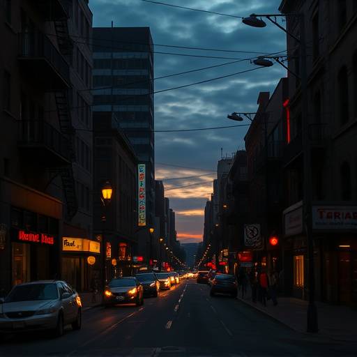 Street scene in the Tenderloin district at dusk